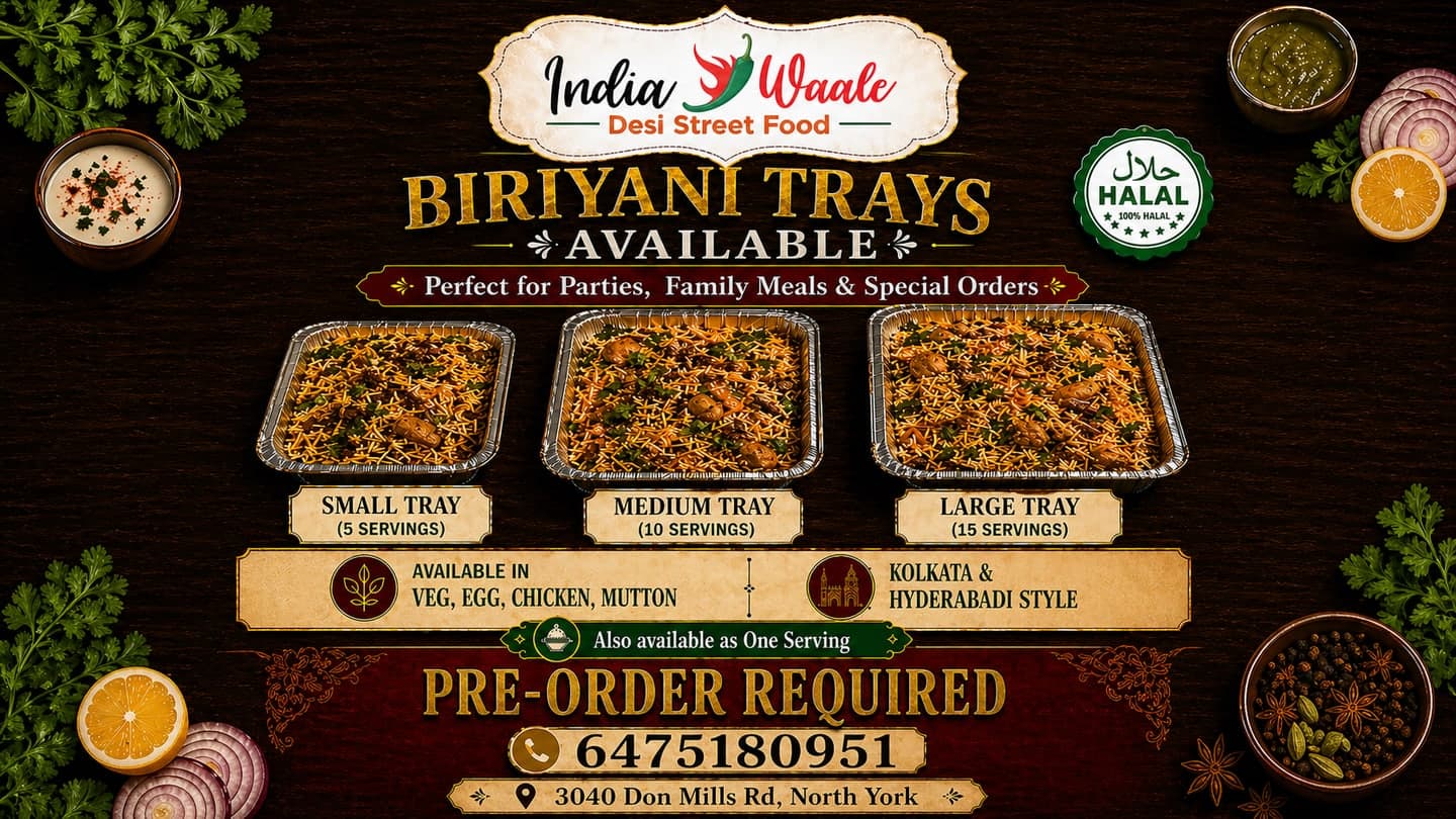 IndiaWaale biryani tray poster: small 5 servings, medium 10 servings and large 15 servings; pre-order at 647-518-0951