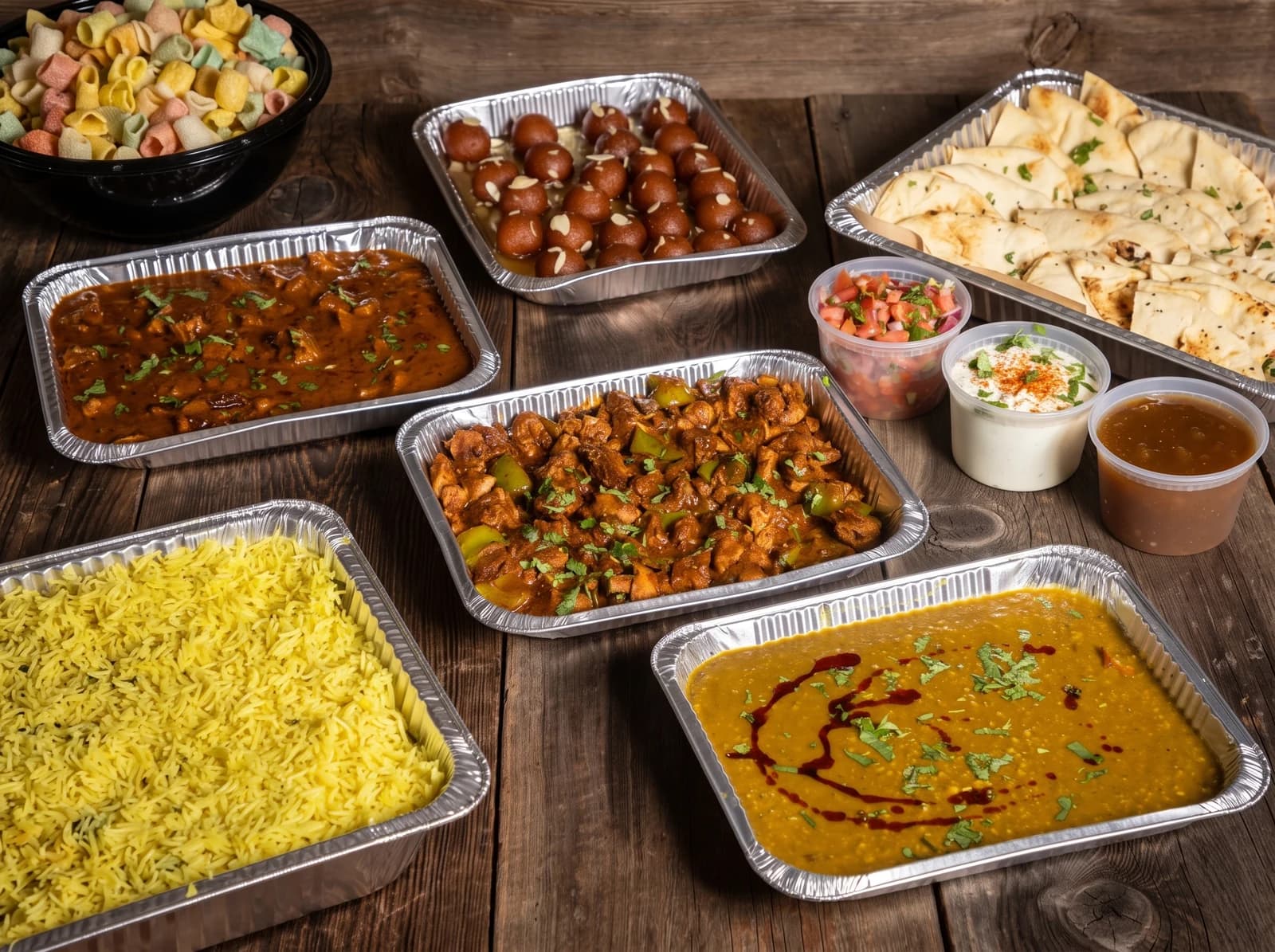 Indian catering trays with rice, curries, breads, sweets and sides on a wooden table