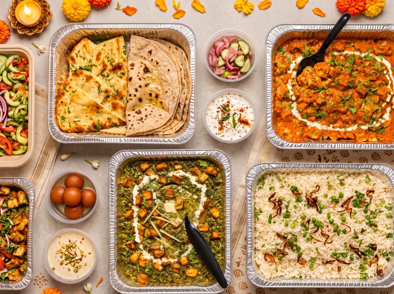 A festive Indian catering spread with naan, paneer curries, pulao and sweets, surrounded by marigolds and a lit diya