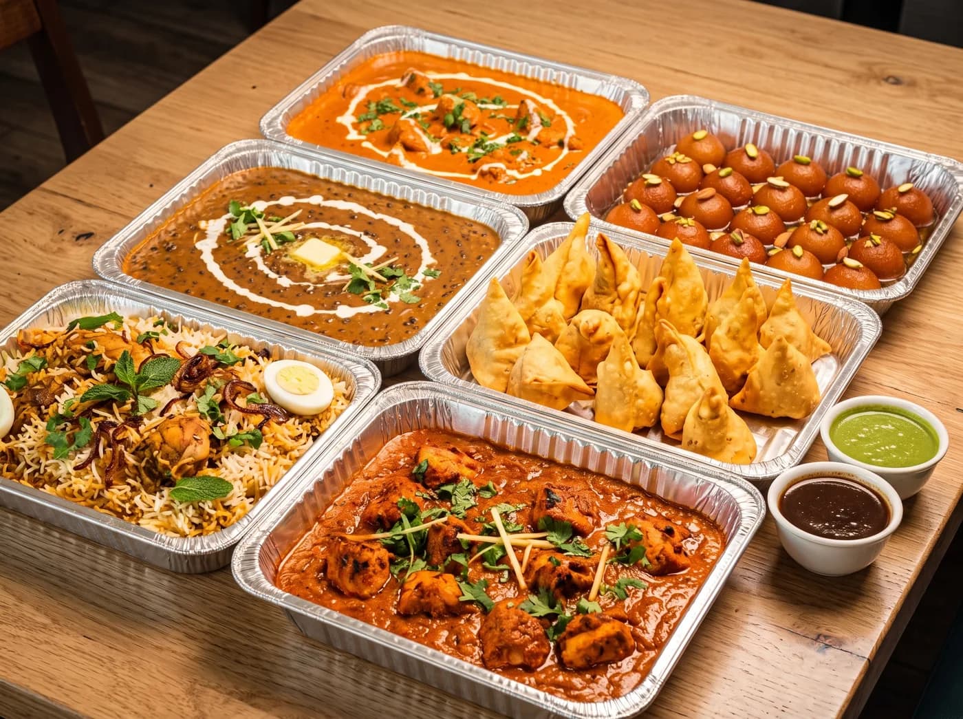 Indian party trays with samosas, dal, butter chicken, biryani and gulab jamun
