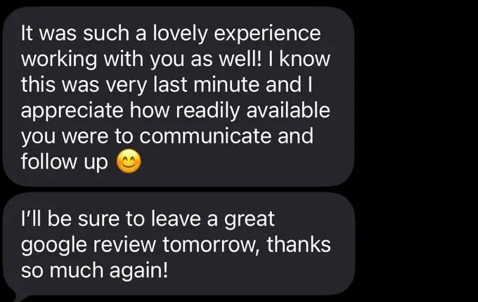 Client message praising IndiaWaale's communication and follow-up on a last-minute catering order