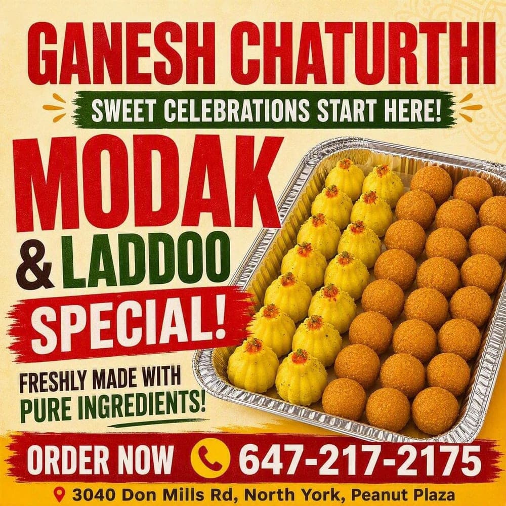 IndiaWaale Ganesh Chaturthi Modak and Laddoo Special poster, with a tray of festive sweets and order number 647-217-2175