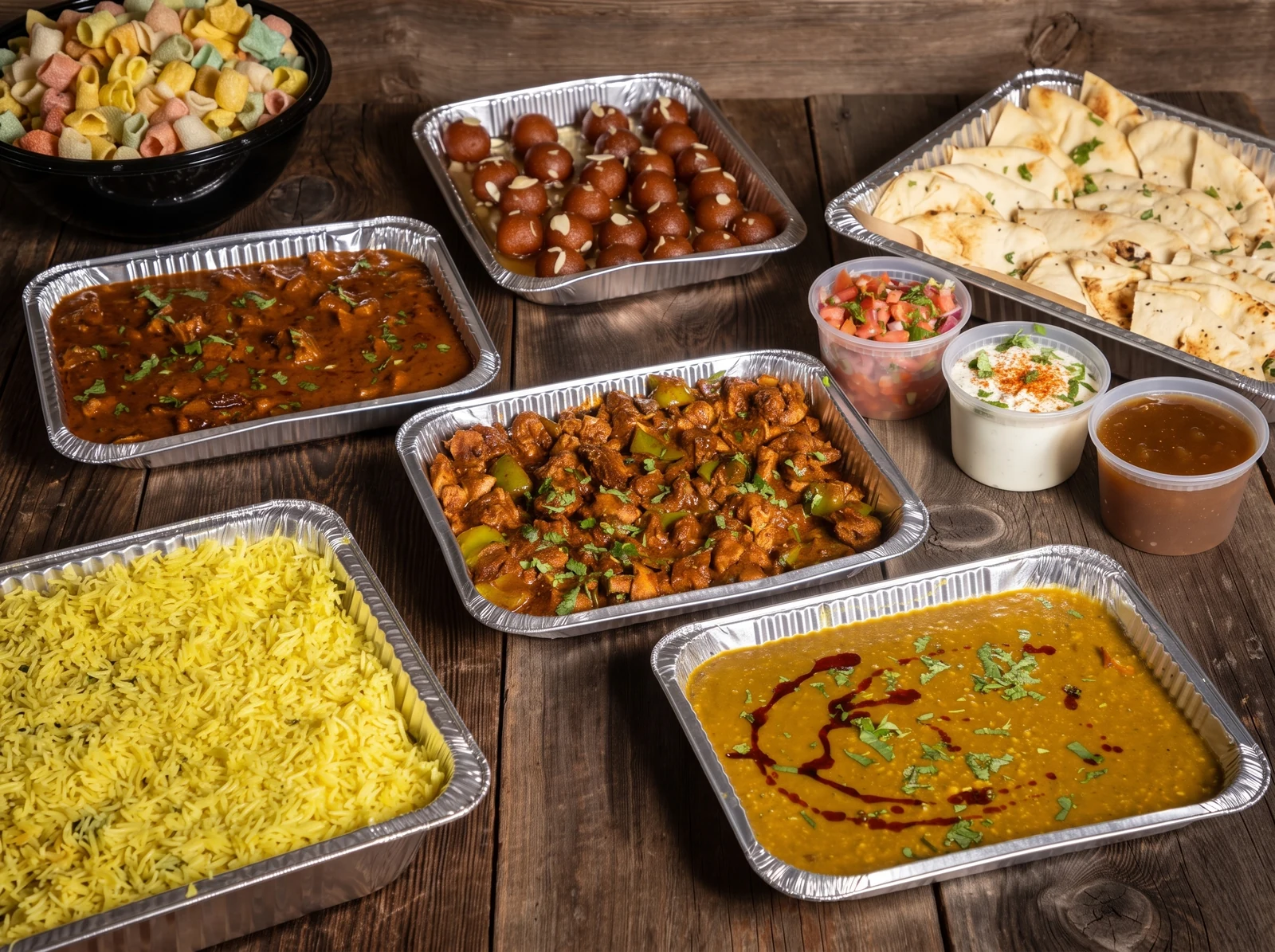 Indian catering trays with rice, curries, breads, sweets and sides on a wooden table