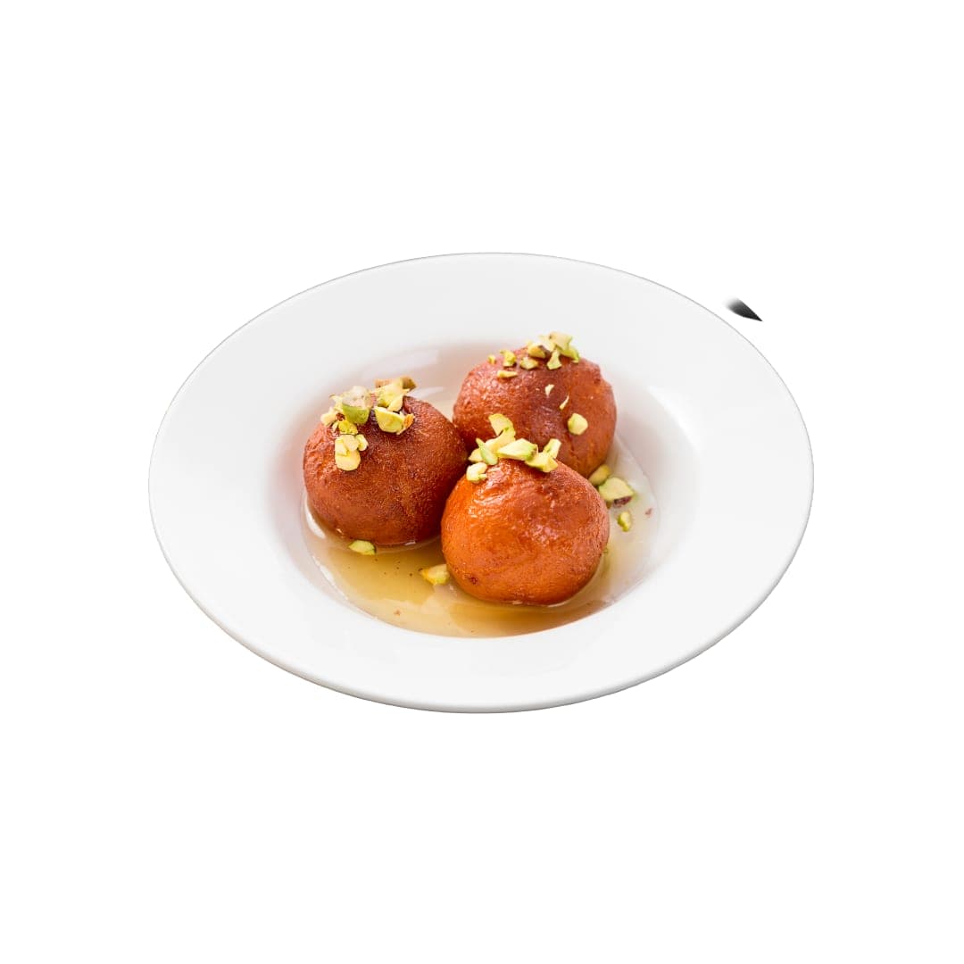 Gulab jamun — warm syrup-soaked milk dumplings plated at IndiaWaale
